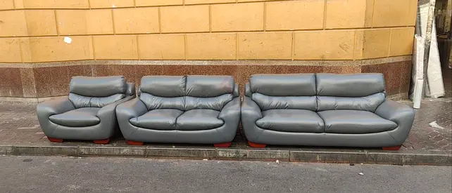 Grey Leather 3-Piece Sofa Set — Modern Low-Profile Design