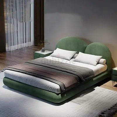 Modern Green Upholstered Double Bed with Curved Headboard