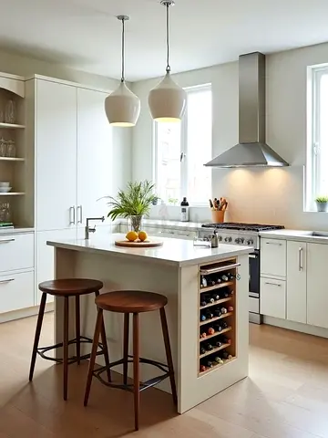 Kitchen island with built-in wine rack and two stools