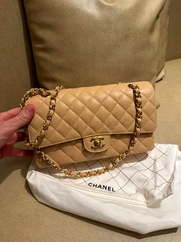 Beige Quilted Chanel Classic Double Flap Bag - Medium