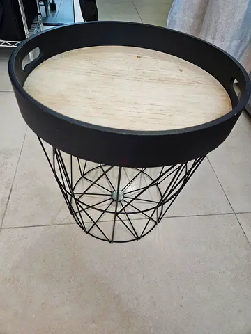 Round Industrial Wire Frame Side Table with Removable Wooden Top