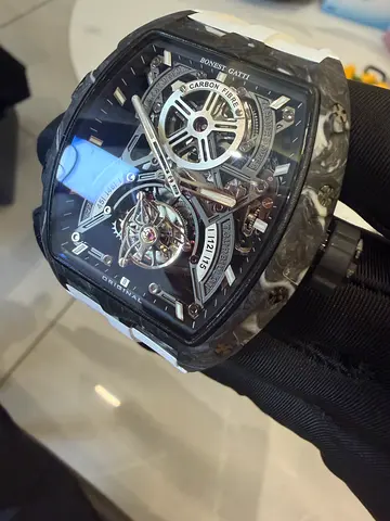 Carbon-fiber tonneau mens tourbillon watch - automatic mechanical