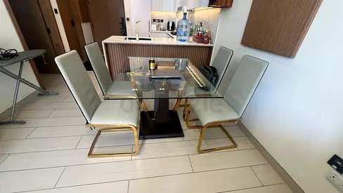 Glass Top Dining Table with 4 Upholstered Chairs (Gold Frame)