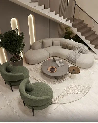 Curved Modern Sectional Sofa with Matching Accent Chairs and Round Rug
