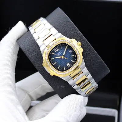 Patek Philippe Two-tone womens wrist Master Copy watch with blue dial and stones bezel
