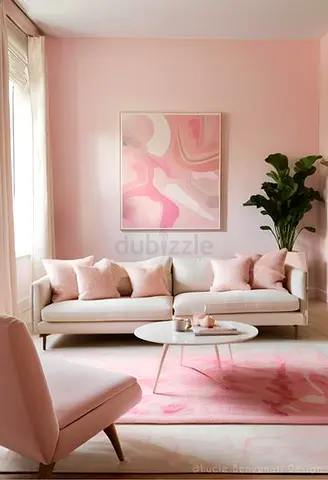 Comfortable Modern Cream Sofa with Pink Throw Pillows