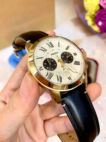 Fossil Gold Chronograph Watch with Black Leather Strap Original