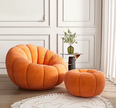 Orange Rounded Accent Lounge Chair with Matching Ottoman