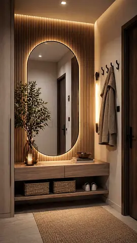 Modern Entryway Console with Backlit Oval Mirror and Wood Slat Wall