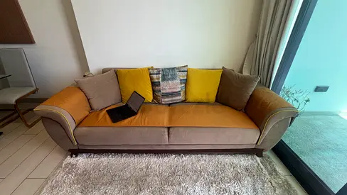 3-Seater Fabric Sofa cum bed in Beige and Mustard with Cushions - Good Condition