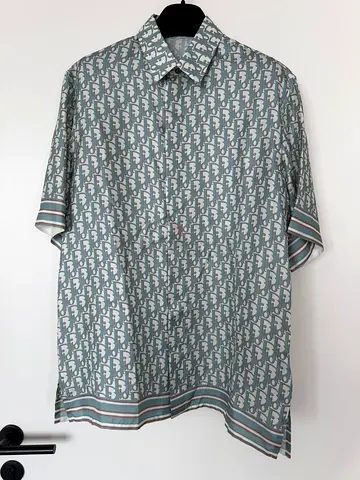 Christian Dior Light Green Oblique Short-Sleeve Silk Shirt Size 37