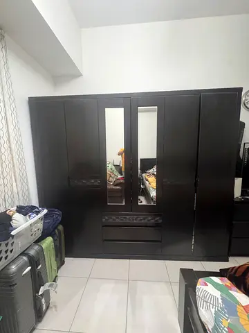 Dark Wood 3-Door Wardrobe with Mirror - Good Condition