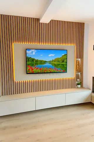 Media wall unit with panels and lights warm white