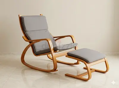 Wooden Rocking Lounge Chair with Ottoman - Light Grey Cushions