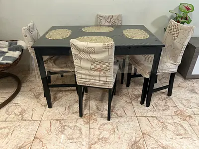 4-Seater Dining Table with Cushioned Chairs - Dark Wood