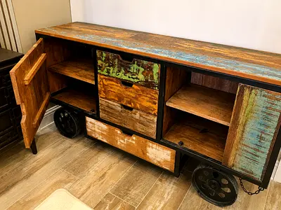 Rustic Reclaimed Wood Sideboard on Wheels — Distressed Multicolor Finish