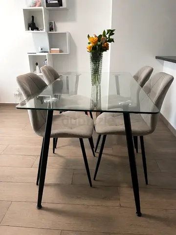 Glass Top Dining Table with 4 Upholstered Chairs - Modern Set