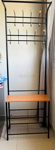 Home centre Metal hall coat rack with bench and shoe shelves - black frame, wooden seat