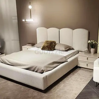 Upholstered Double Bed with Padded Headboard — Cream/Beige