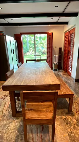 Solid wood dining table with chairs and bench