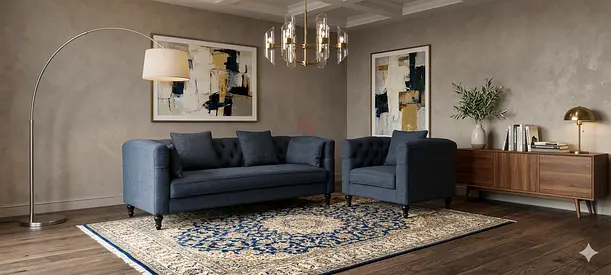 Dark Blue Fabric Sofa Set with Matching Armchair — Good Condition