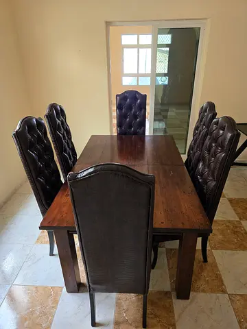 Solid Wood Dining Table with 6 High-Back Upholstered Chairs