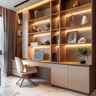 Custom Built-in Home Office Wall Unit with Shelving and Desk