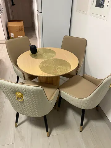 4 Seater Round Wooden Table and Leather Quilted Beige Chairs (Like New)