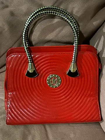 Red Quilted Patent Leather Handbag with Braided Handles