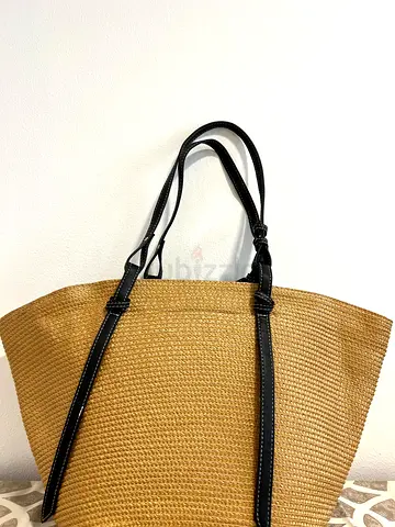 Straw Tote Bag with Black Leather Straps
