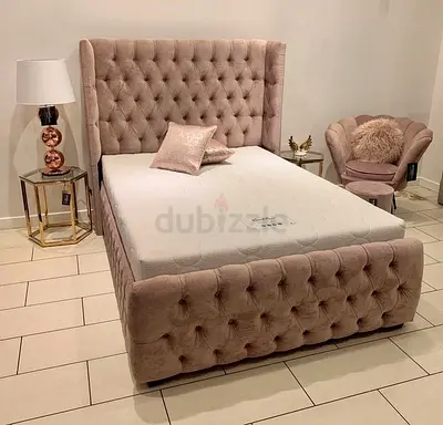 Pink Tufted Upholstered Bed Frame with Winged Headboard