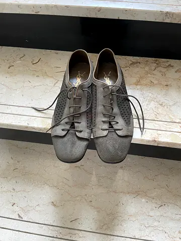 YSL Grey perforated leather lace-up sneakers, gently used