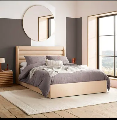 Beige Upholstered Double Bed with Padded Headboard