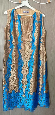 Gold and Blue Sleeveless Brocade Shift Dress - Size XXL