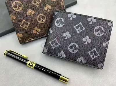 Two designer-style mens leather wallets - brown and grey NOT USED
