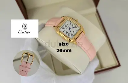 Cartier style 26mm womens watch with pink leather strap (gold tone)