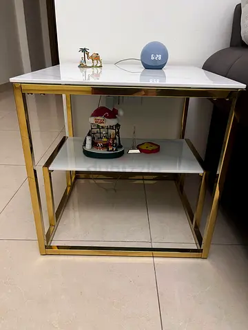Set of 2 Square Gold Frame Side Tables with White stone Top (Nestable Design). Almost new