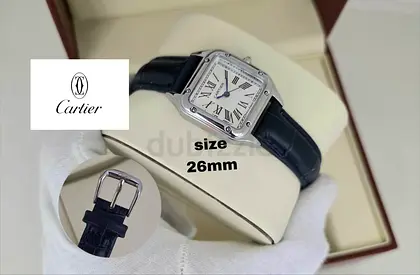 Cartier-style Ladies Stainless Steel Watch 26mm - Black Leather Strap