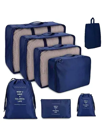7piece Navy Travel Packing Organizers Set (packing cubes, shoe bag, toiletry pouch)