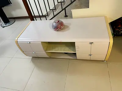 Solid Wood white TV cabinet with storage drawers and open shelf