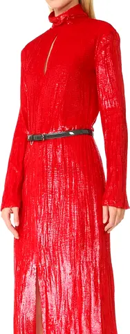 Nina Ricci Red Shimmery Velvet Long-Sleeve Midi Dress with High Neck Size 34