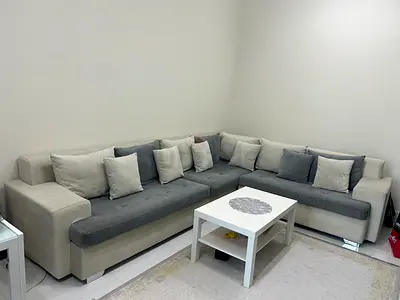 Large L-shaped Corner Sofa with Cushions - Light Grey  table