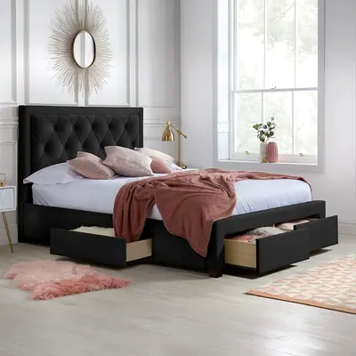 Granite gray velvet deep Button tufted 4 drawers double bed