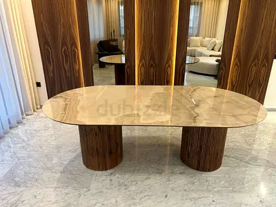 Custom Made Travertine Dining Table with Textured Cylindrical Base
