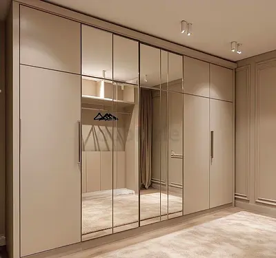 Large Modern Mirrored Wardrobe / Armoire - Beige Finish