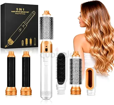 Brand New 5-in-1 Hair Dryer Brush Set - Hot Air Styler with Multiple Attachments (White/Gold)
