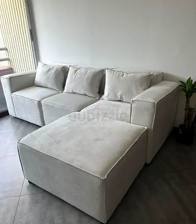 Light Beige 3-Seater Modular Sofa with Ottoman - Good Condition