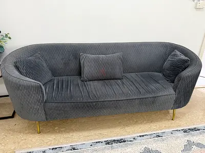Modern Curved 3-Seater Velvet Sofa in Grey with Gold Legs