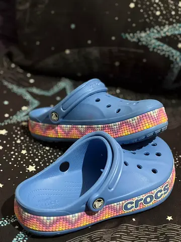 Blue Crocs with Colorful Platform Sole, Size Unknown - Gently Used
