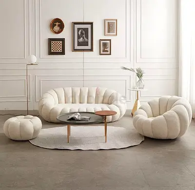 Cream boucle 3-piece sofa set with ottoman (modern scallop design)